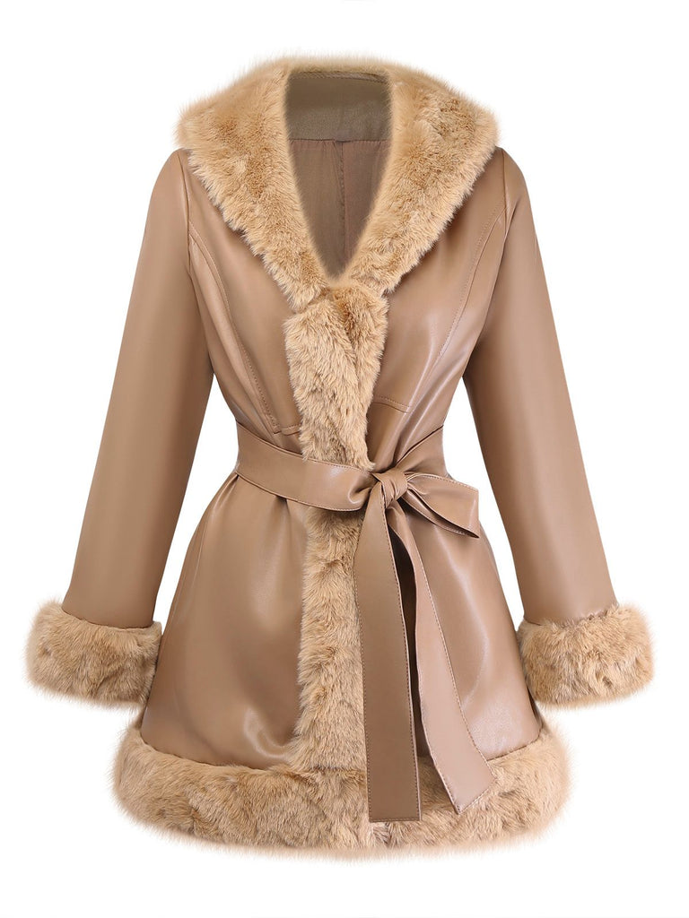 Cappotto in similpelle con collo in pelliccia sintetica cachi anni '40