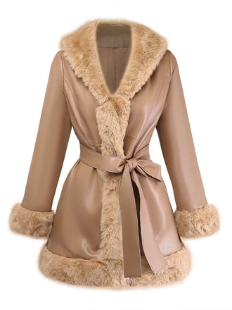 Cappotto in similpelle con collo in pelliccia sintetica cachi anni '40