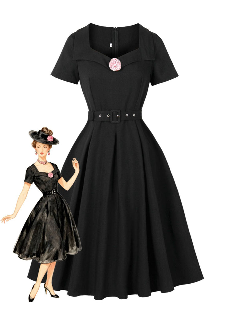 Abito a ruota con revers a rosa 3D nero anni '50