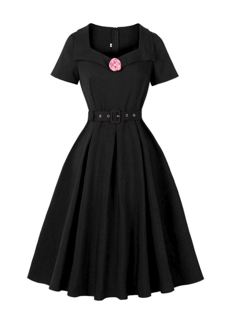 Abito a ruota con revers a rosa 3D nero anni '50