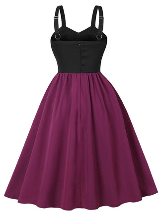 Abito a ruota stile gatto con spalline larghe rosso violaceo anni '50