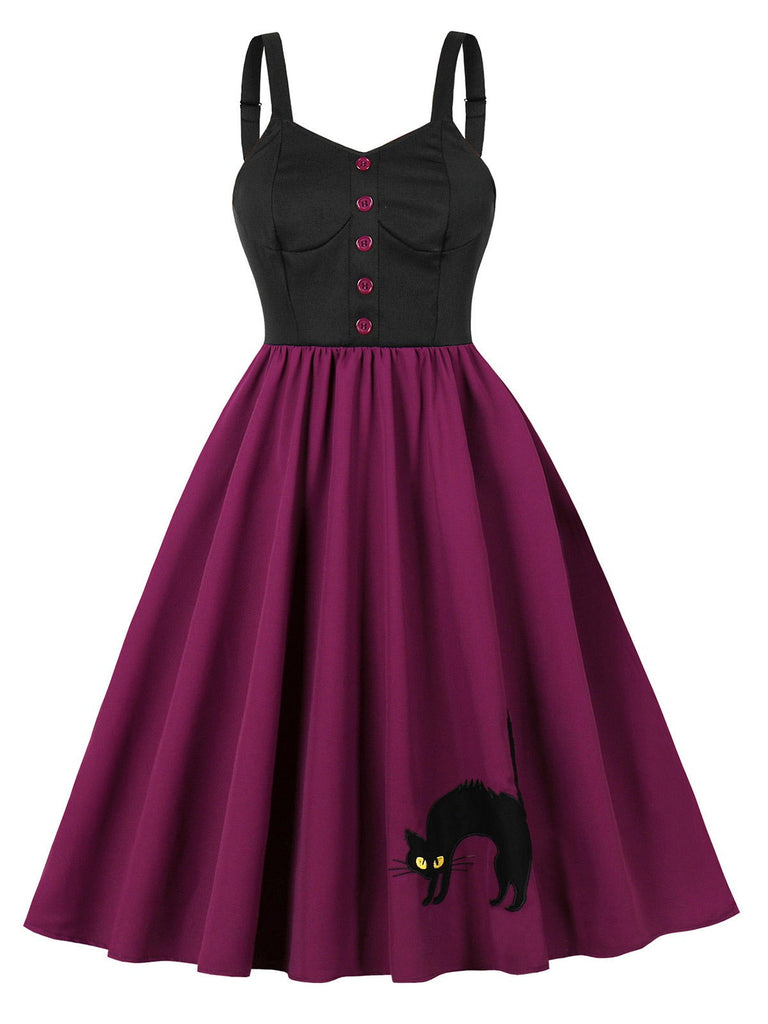 Abito a ruota stile gatto con spalline larghe rosso violaceo anni '50