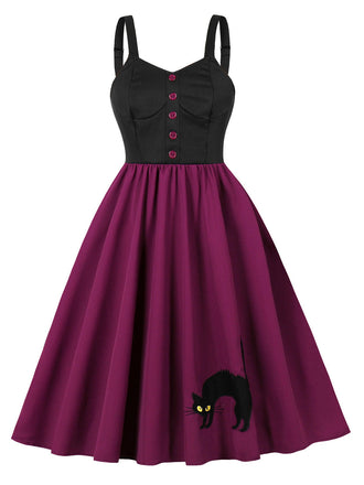 Abito a ruota stile gatto con spalline larghe rosso violaceo anni '50