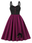 Abito a ruota stile gatto con spalline larghe rosso violaceo anni '50