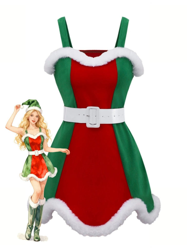 Completo di abiti natalizi in peluche rosso e verde anni '60