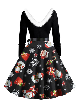 Abito a ruota con scollo a V e collo di pelliccia natalizio anni '50