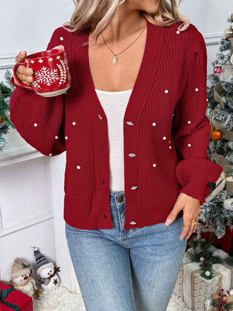 Cardigan largo in maglia con perline di perle rosse anni '50