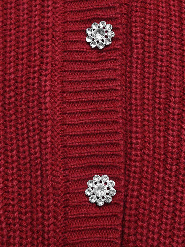 Cardigan largo in maglia con perline di perle rosse anni '50