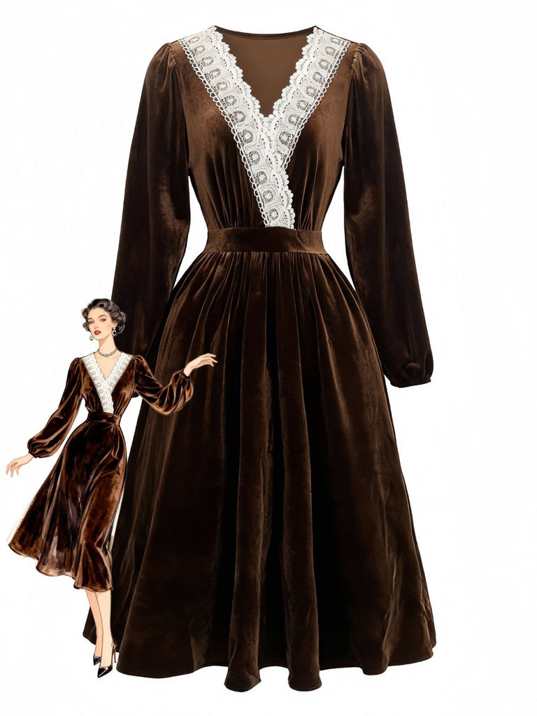 Abito in velluto patchwork di pizzo marrone anni '40
