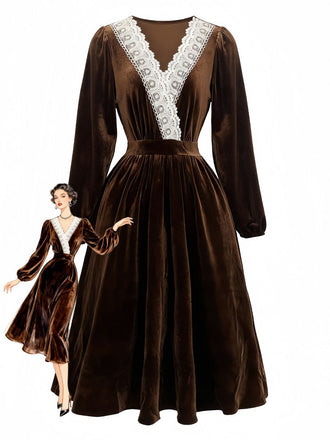 Abito in velluto patchwork di pizzo marrone anni '40