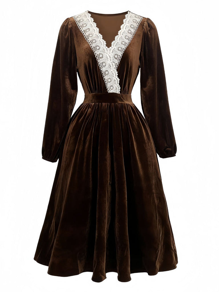 Abito in velluto patchwork di pizzo marrone anni '40