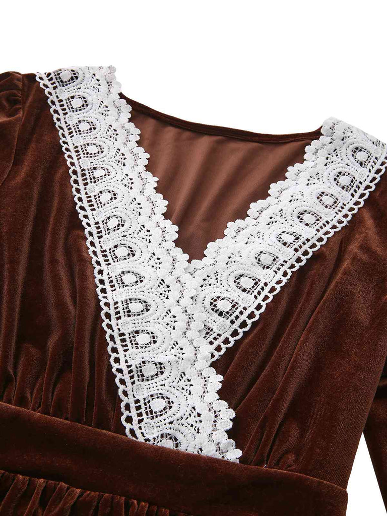 Abito in velluto patchwork di pizzo marrone anni '40