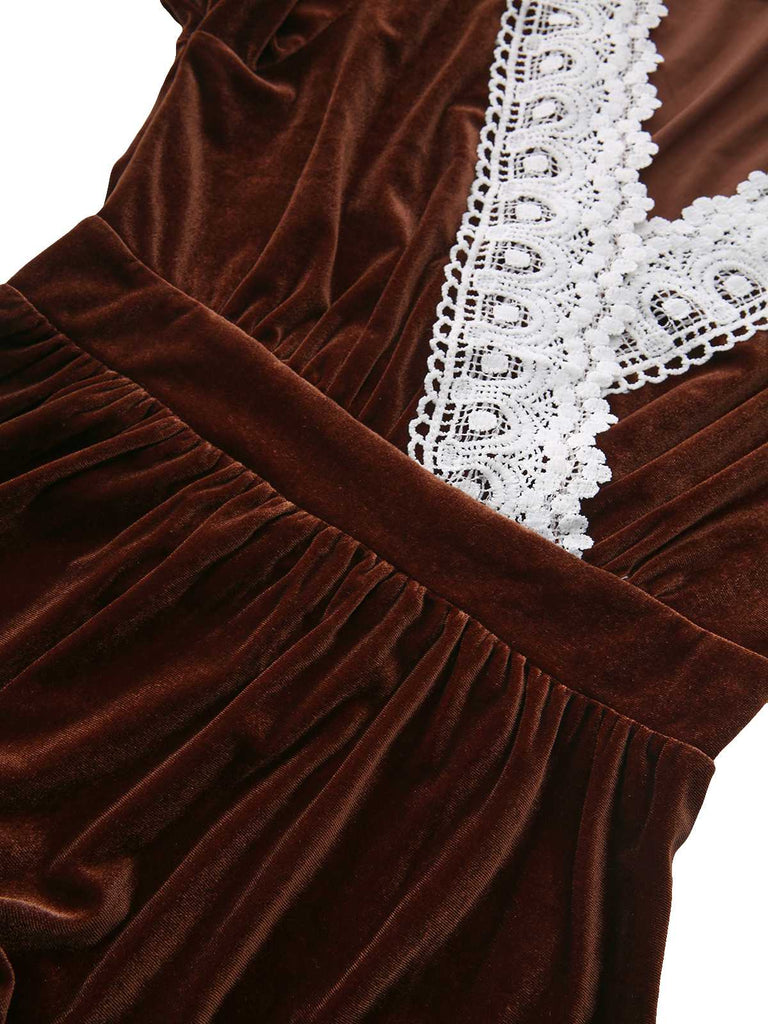 Abito in velluto patchwork di pizzo marrone anni '40