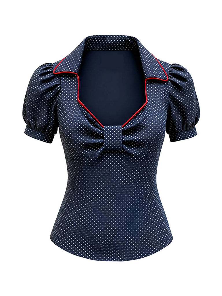 Camicetta in cotone a pois con collo a rombi e fiocco blu anni '80