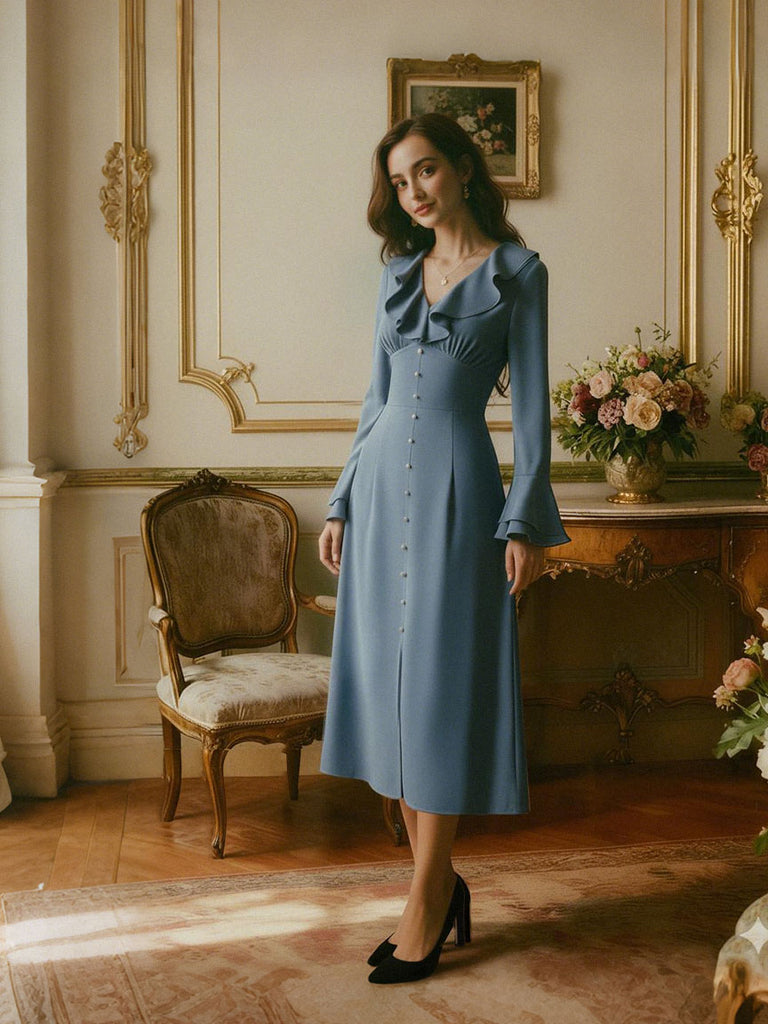 Abito in raso con bottoni blu-grigio anni '40