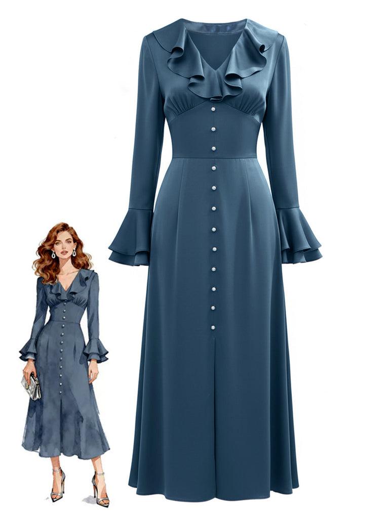Abito in raso con bottoni blu-grigio anni '40