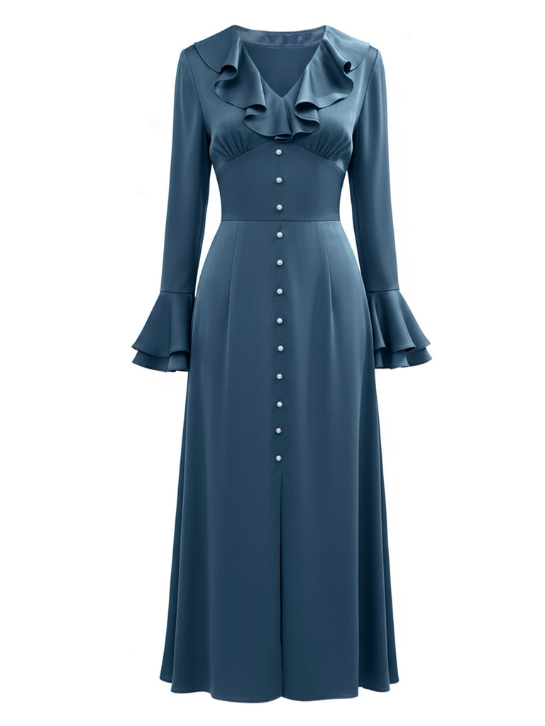 Abito in raso con bottoni blu-grigio anni '40