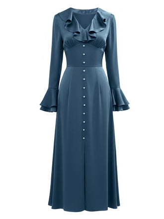 Abito in raso con bottoni blu-grigio anni '40