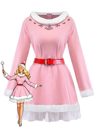 Completo con abito con orlo in peluche da elfo di Natale rosa anni '50