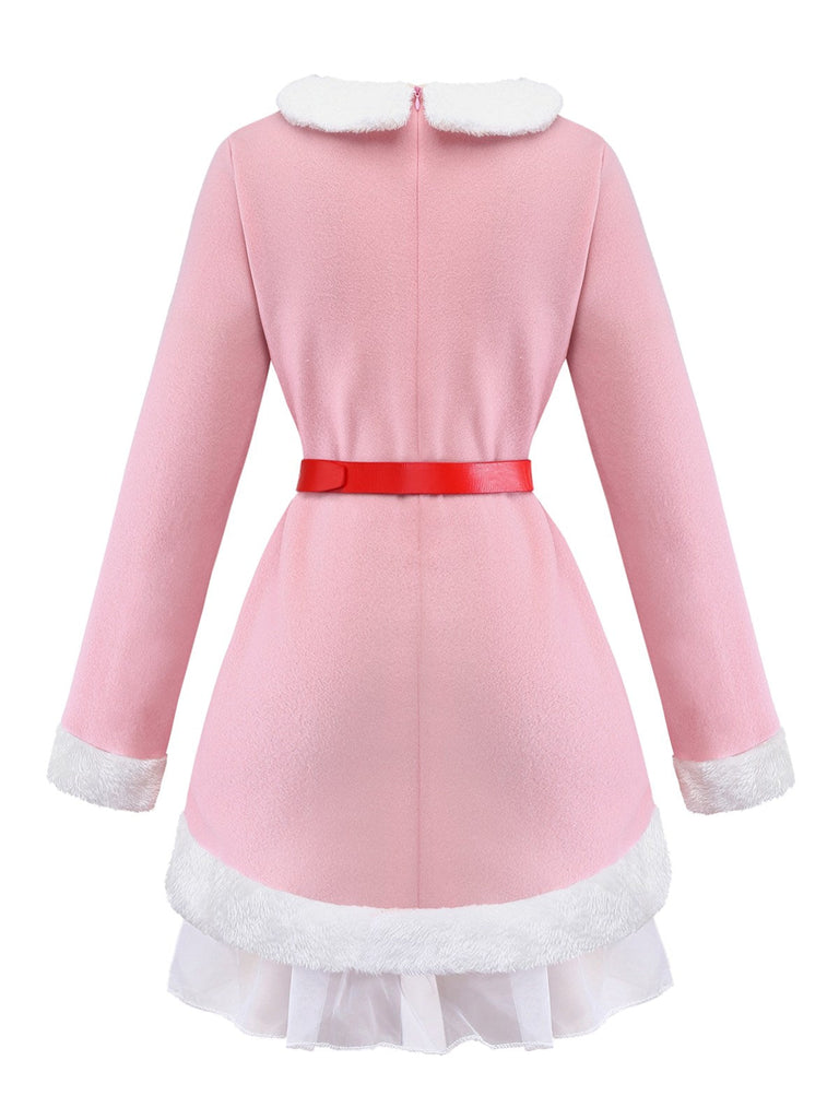 Completo con abito con orlo in peluche da elfo di Natale rosa anni '50