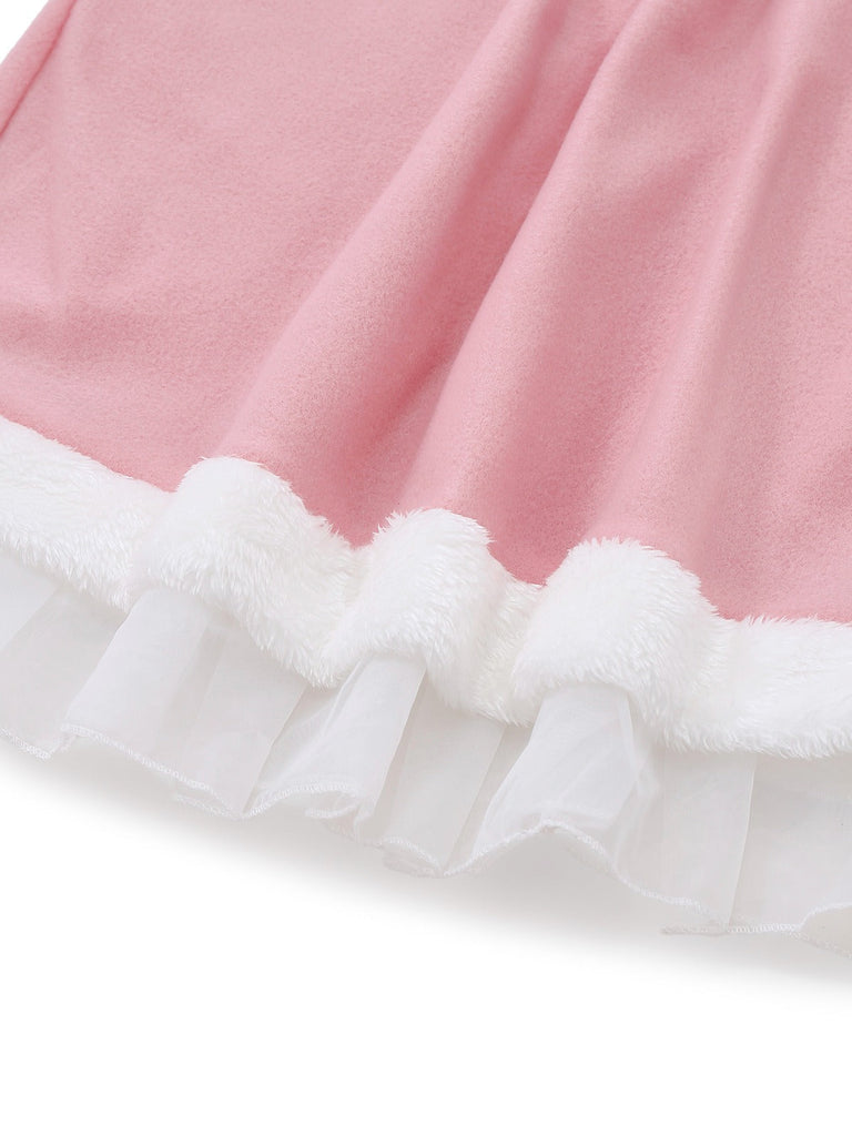 Completo con abito con orlo in peluche da elfo di Natale rosa anni '50