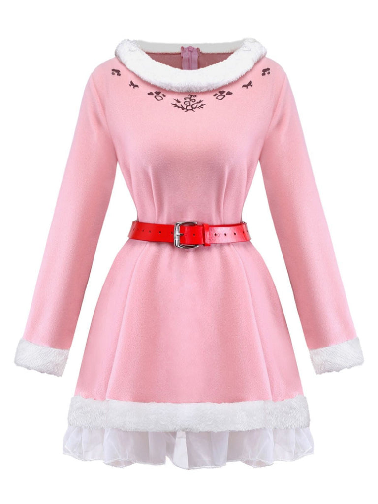 Completo con abito con orlo in peluche da elfo di Natale rosa anni '50