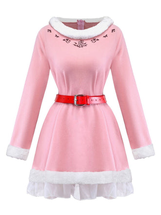 Completo con abito con orlo in peluche da elfo di Natale rosa anni '50