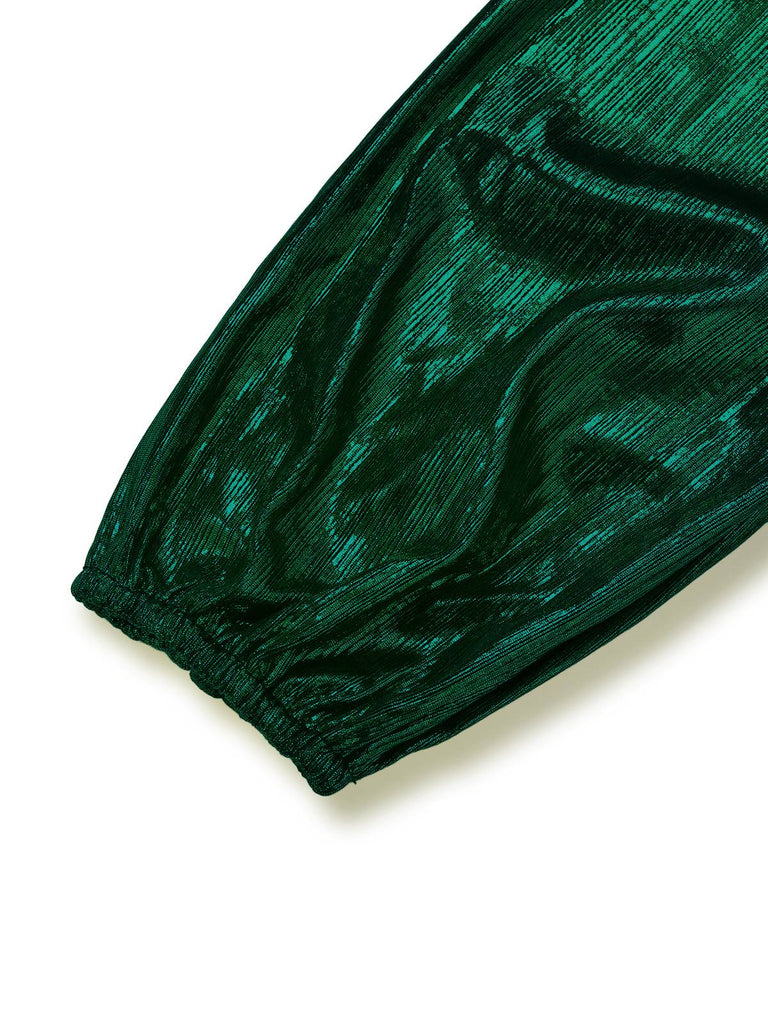 Tuta lunga metallizzata con scollo a V e maniche a lanterna verde anni '30