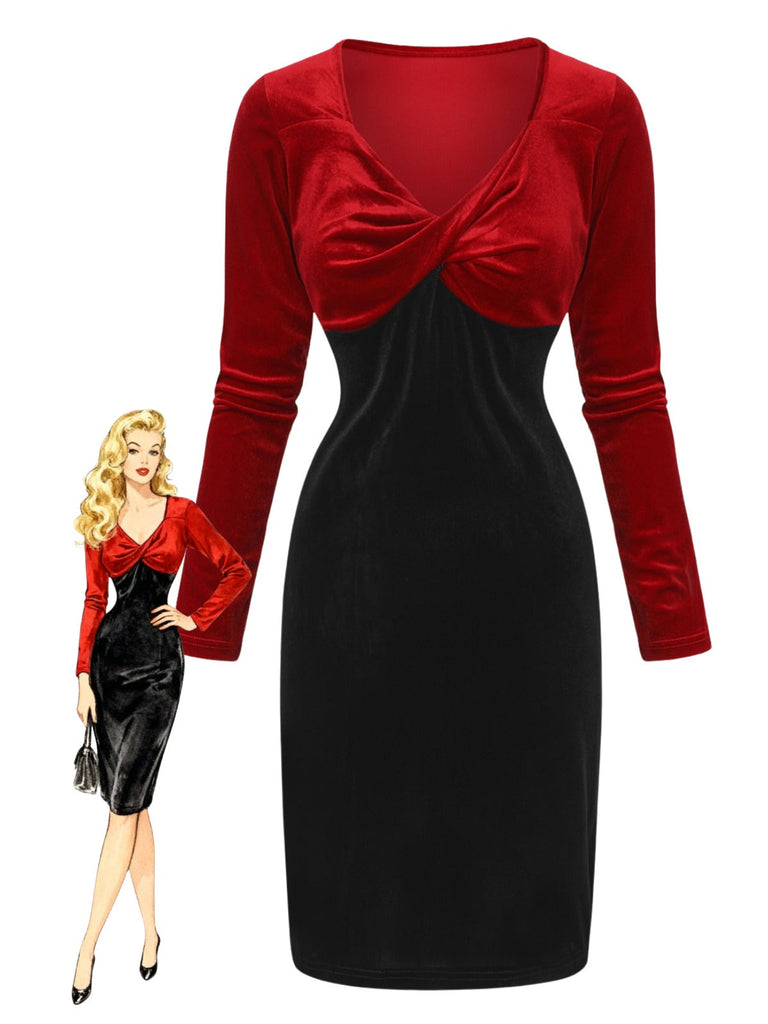 Abito aderente in velluto con scollo a V intrecciato rosso e nero anni '60