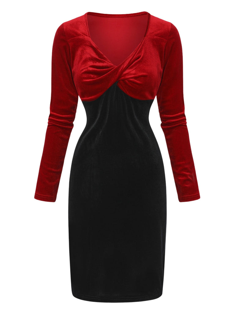Abito aderente in velluto con scollo a V intrecciato rosso e nero anni '60