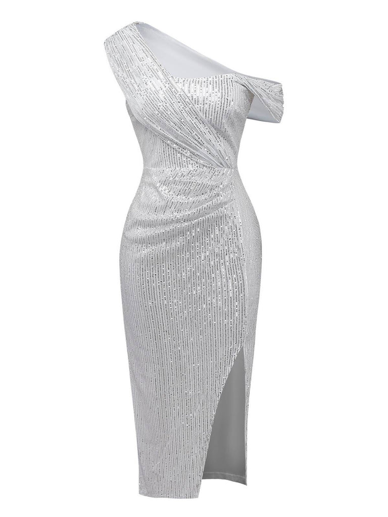 Abito monospalla con spacco laterale in paillettes argento anni '20