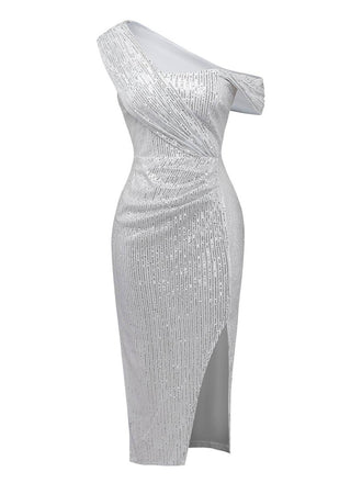 Abito monospalla con spacco laterale in paillettes argento anni '20