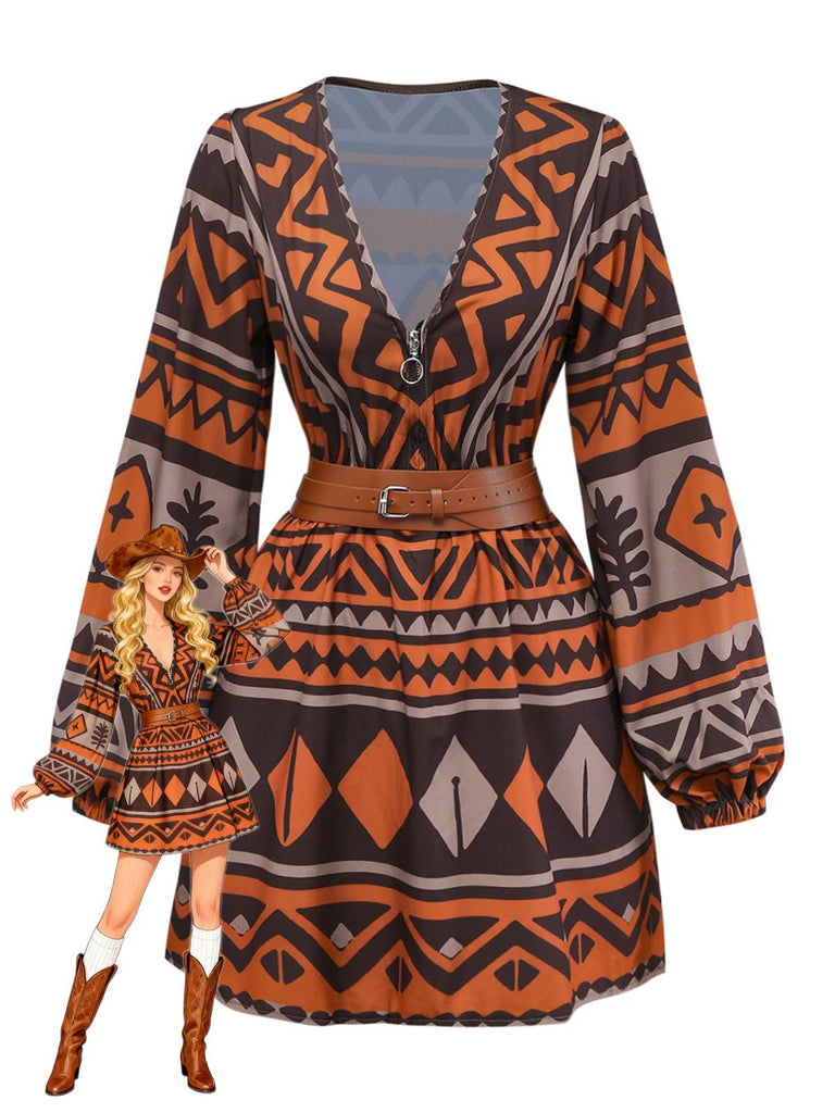 Abito boho con scollo a V profondo e stampa tribale marrone anni '70