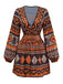 Abito boho con scollo a V profondo e stampa tribale marrone anni '70