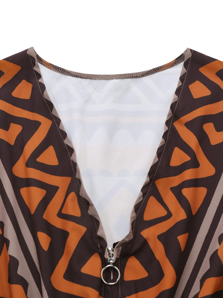 Abito boho con scollo a V profondo e stampa tribale marrone anni '70