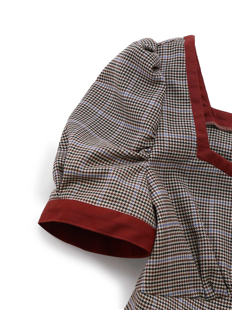 Abito plissettato pied de poule marrone anni '50