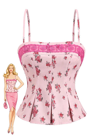 Canotta plissettata in pizzo floreale patchwork rosa anni '60