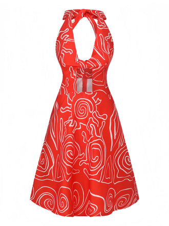 Abito con scollo a V e stampa astratta rosso anni '60