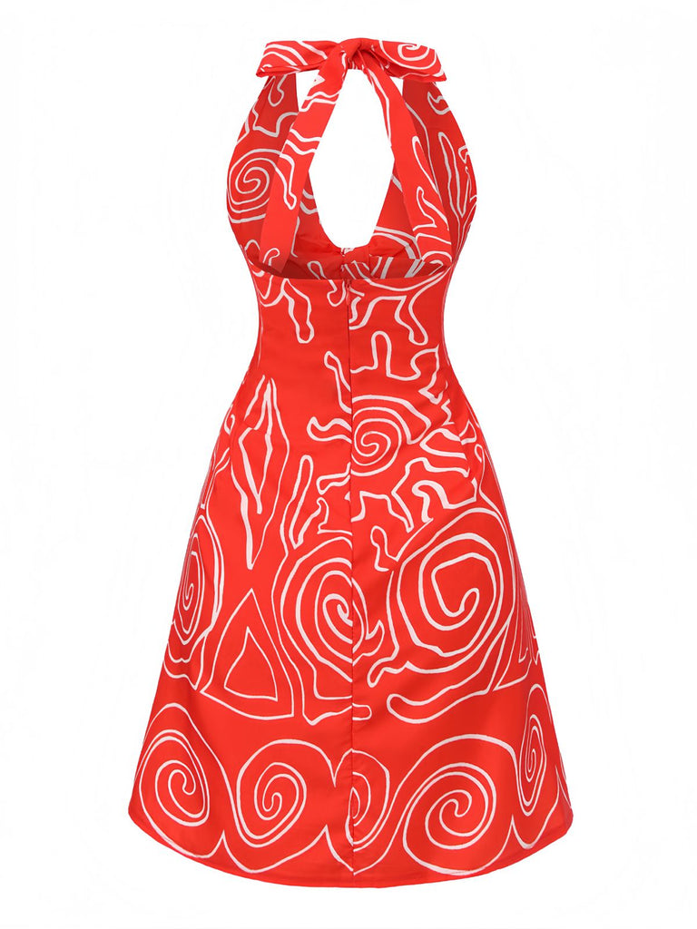 Abito con scollo a V e stampa astratta rosso anni '60