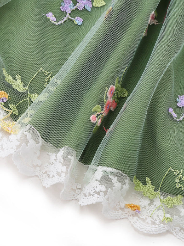 Abito ricamo floreale in rete con maniche a sbuffo verde anni '50