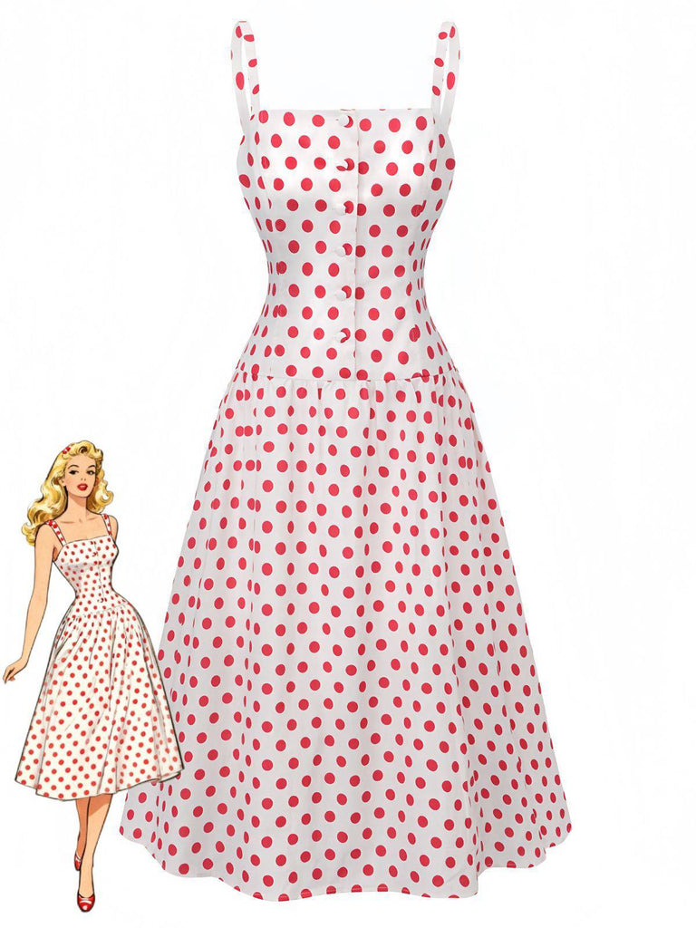 Abito a pois con scollo quadrato e spalline larghe rosso anni '50