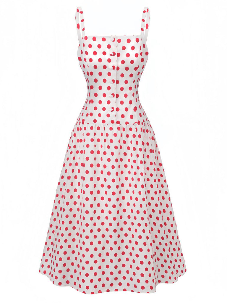 Abito a pois con scollo quadrato e spalline larghe rosso anni '50