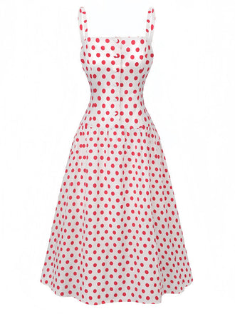 Abito a pois con scollo quadrato e spalline larghe rosso anni '50
