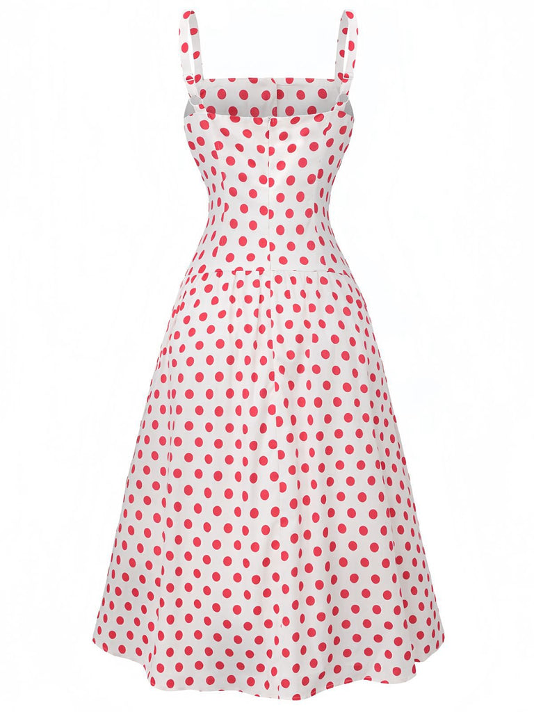 Abito a pois con scollo quadrato e spalline larghe rosso anni '50
