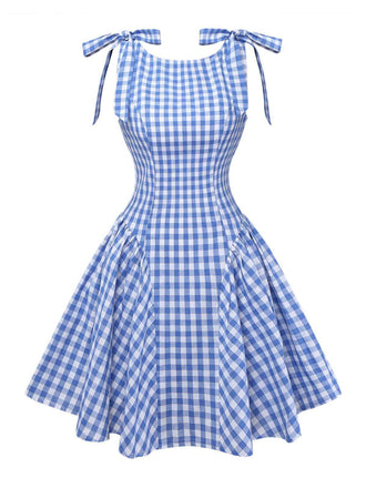 Abito a quadri Gingham con spalline annodate blu anni '60