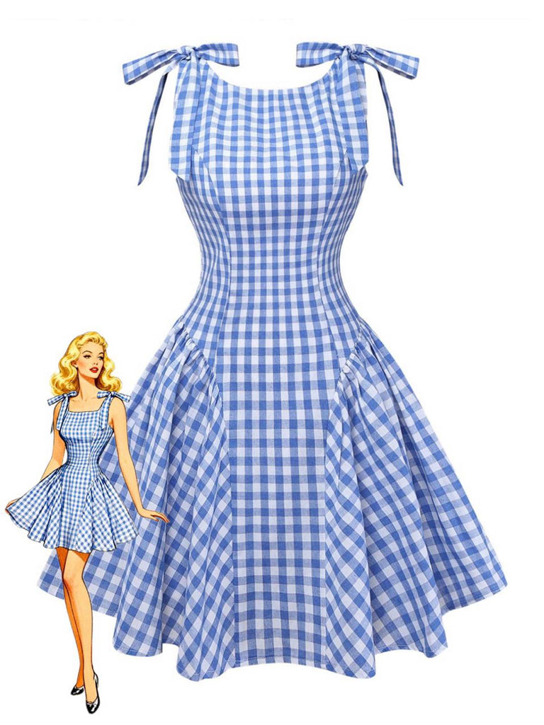 Abito a quadri Gingham con spalline annodate blu anni '60