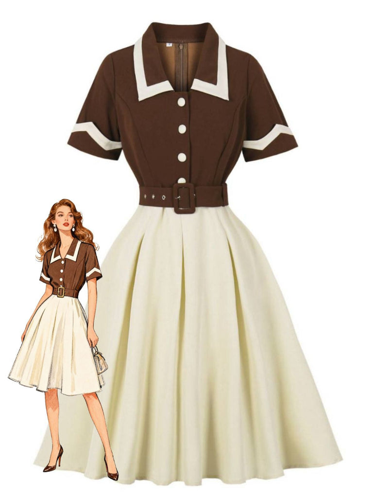 Abito con cintura e revers a contrasto caffè e beige anni '50