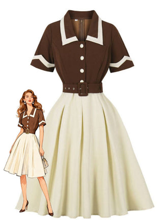 Abito con cintura e revers a contrasto caffè e beige anni '50