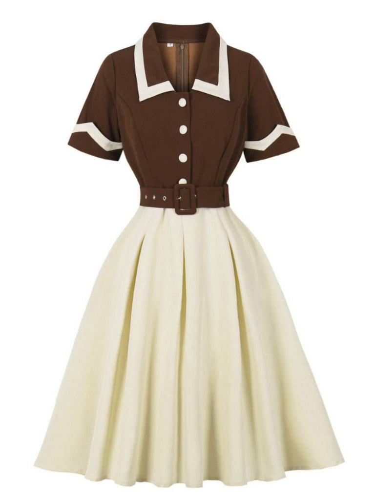 Abito con cintura e revers a contrasto caffè e beige anni '50
