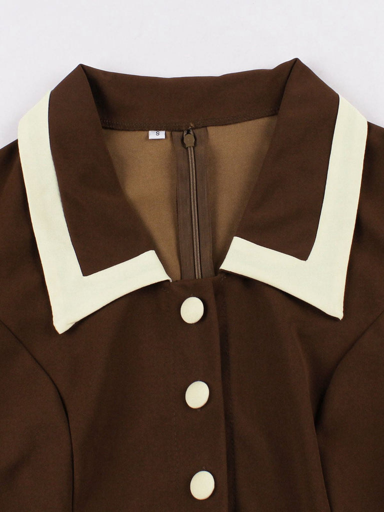 Abito con cintura e revers a contrasto caffè e beige anni '50